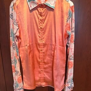 Ranch Dress’n Vibrant Orange Button-Up Shirt with Floral Mesh Sleeves